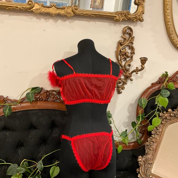 vintage Minor Creations Faux Fur Bra & panty Set mesh lingerie set One Size Red - Picture 4 of 5